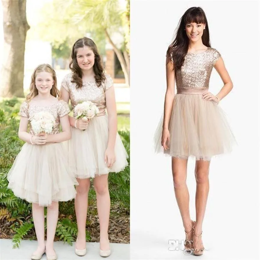 Junior-Brautjungfer-Kleider, Champagner-Pailletten-Top, kurzes Brautjungfernkleid, Tüll-Tutu-Rock, Partykleid für Junior-Blumenmädchen 269Z