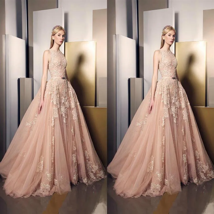 Vestidos de baile de ziad Nakad 2019 Blush rosa renda formal Celebrity Night Nights Apliques de jóias personalizadas Sweep Swee