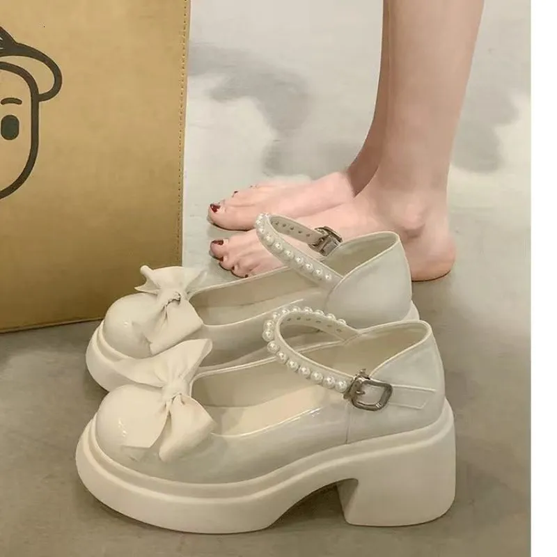 Отсуть туфли вокруг Toe Kawaii Lolita Shoes Женщина повседневная элегантная чистого цветового бауна, не скользящие корейский стиль среднего каблука, шикарные лето 230721