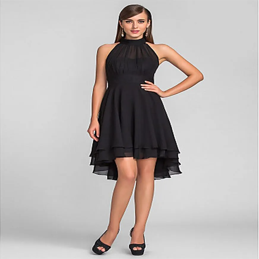 New Arrival Elegant Halter Black Chiffon Homecoming Dress Hi-Lo Party Gowns Dresses Cocktail Plus Size Grade 8 Graduation Dress Cu285o
