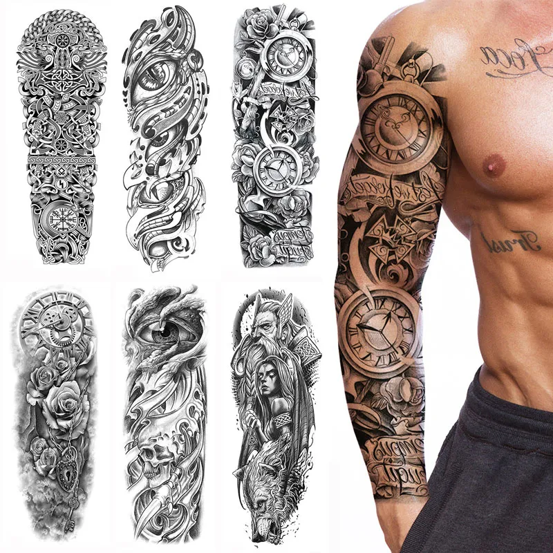 Waterproof Temporary Arm Tattoo Sticker For Men And Women Large Sleeve Clock Design Full Arm