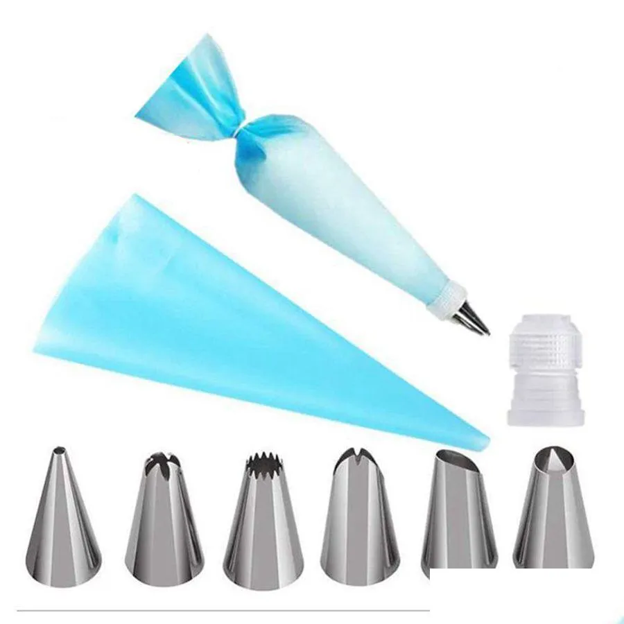 Cake Tools 8Pcs/Set Sile Kitchen Accessories Icing Pi Cream Pastry Bag With 6 Stainless Steel Nozzle Diy Decorating Tips Set Drop De Dhrpz