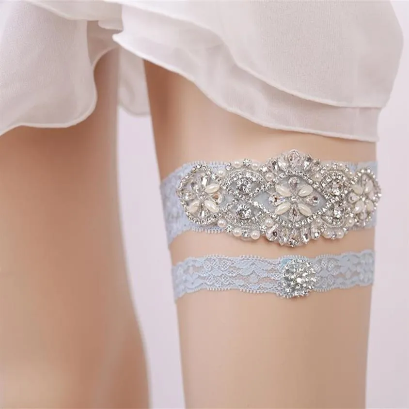 Niebieskie podwiązki ślubne kryształy perły do ​​panny młodej koronkowe podwiązki ślubne rozmiar paska od 15 do 23 cali godne nogi ślubnej