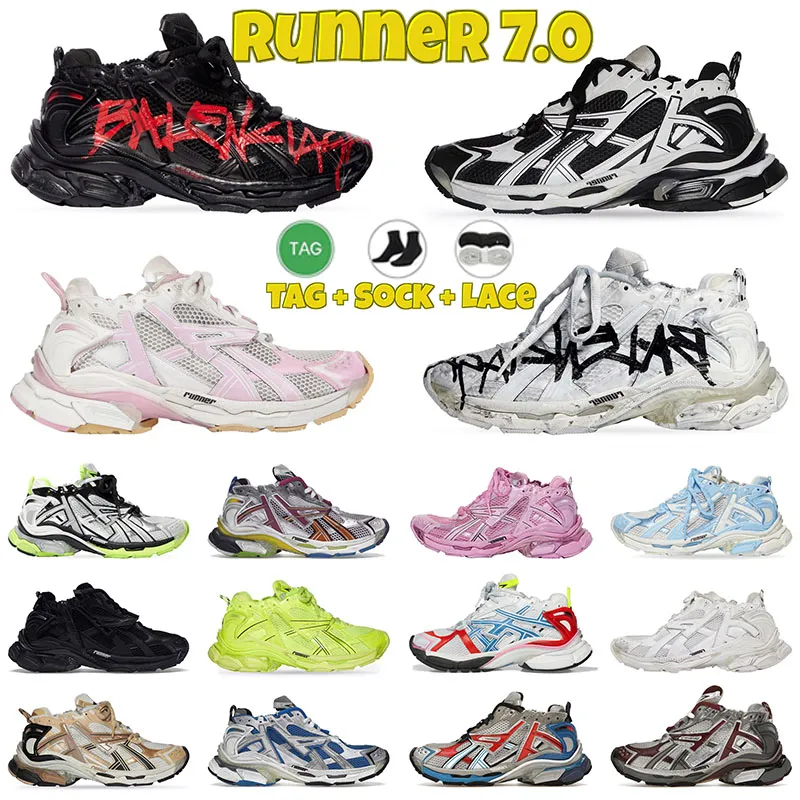 2023 Top Mode Männer Designer Runners 7.0 Schuhe Paris 17fw Plattform Graffiti Beige Schwarz Weiß Casual Sneakers Vintage Leder Schwarz Weiß Laser Blau Rosa