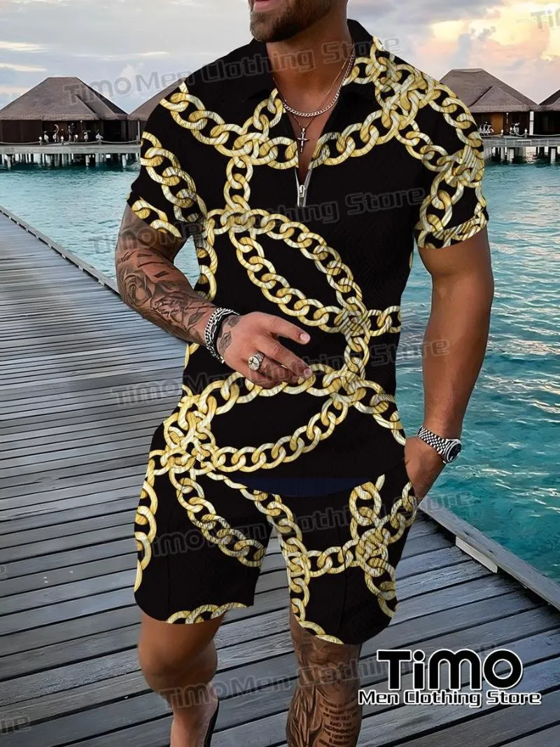 Herrspår 2023 Chain Printing Series Polo Shirt Set For Street Luxury Short Sleeve Suit Beach Fashion Casual Clothing