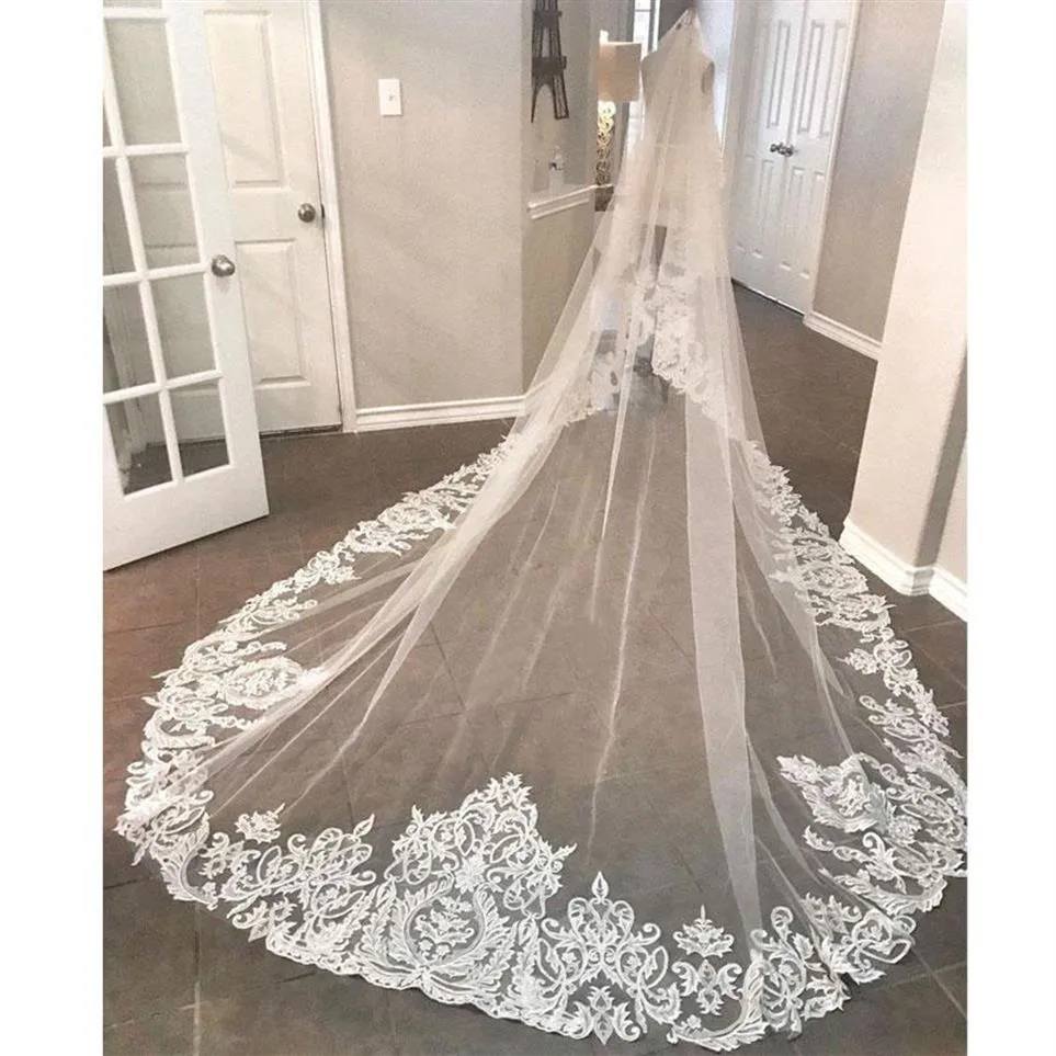 Eleganter 2019 neuer Hochzeitsschleier, 3 Meter lang, Kathedralenlänge, Spitze, appliziert, echtes Bild, Tüll-Brautschleier mit Kamm310L