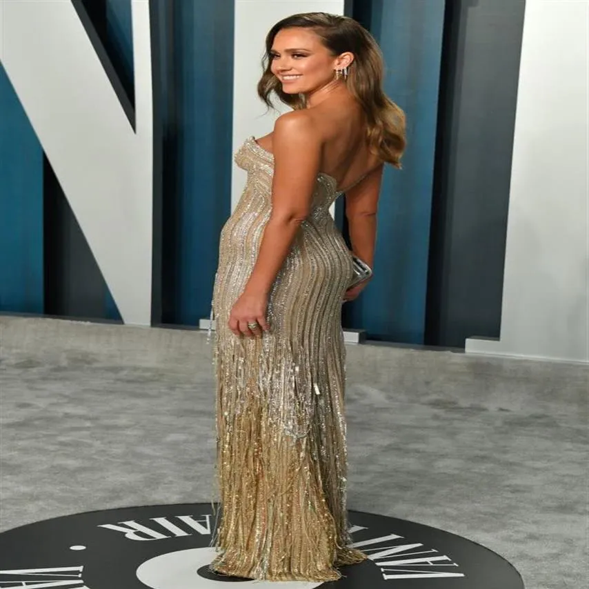 Jessica Alba Tassels Promply Promes Oscars Sequints Вечерние платья плюс размер специального случая вечеринка Vestido de Fiesta Red Carpet Dress212Z