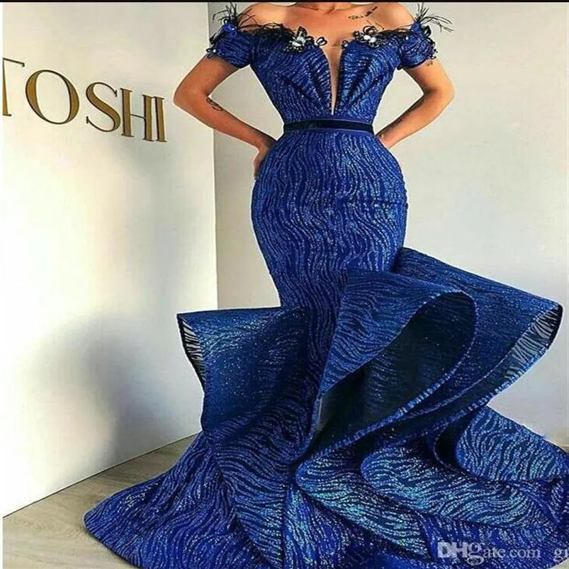 Vestidos de Baile Sereia Brilhantes Luxuosos 2020 Ombros Decobertos Lantejoulas Babados Até o Chão Vestidos de Festa à Noite Longos Formais robe de soiree273F