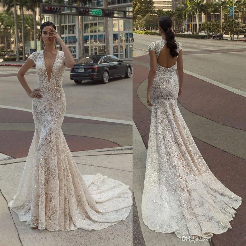 Crystal Design Mermaid Wedding Dresses Deep V Neck Back Hollow Dresses Bridal Gowns Lace Sequins Abiti Da Sposa Vestido De Novia326p