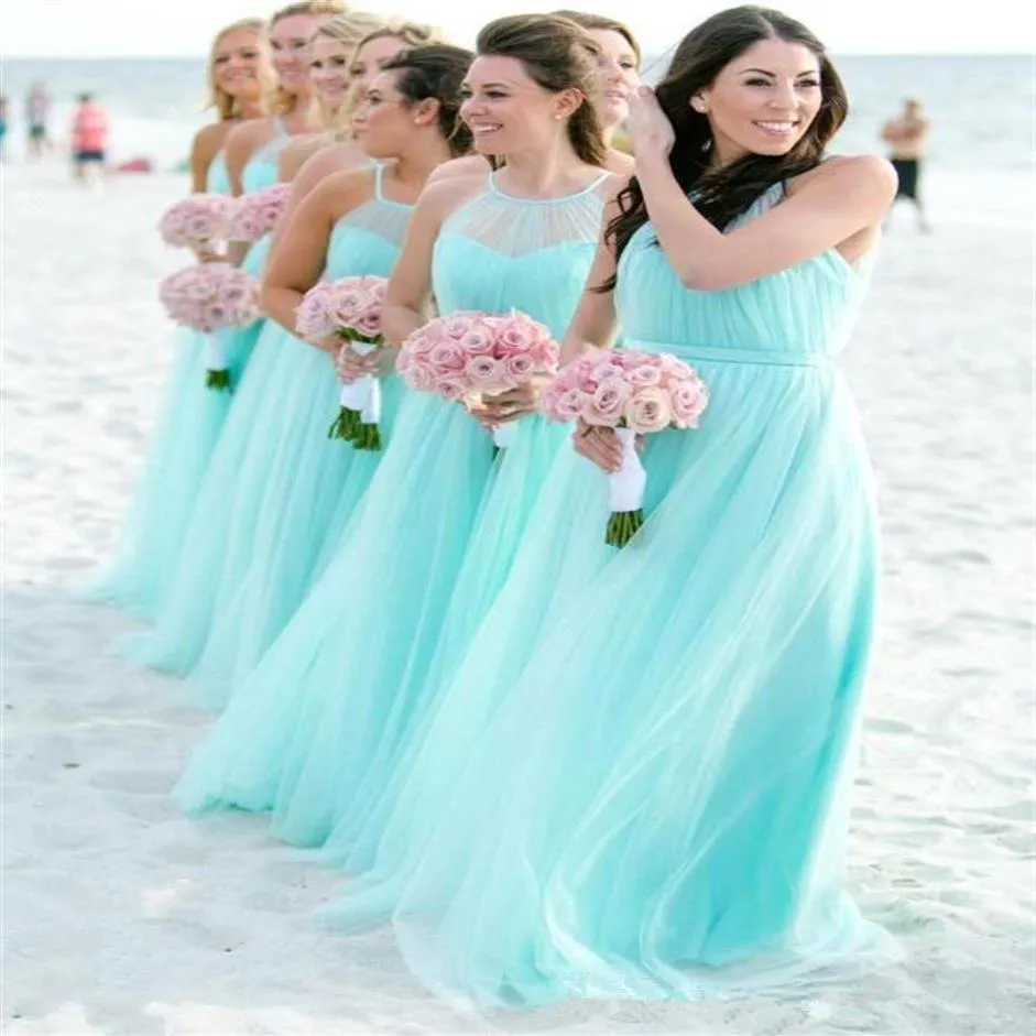 Vestidos longos de dama de honra frente única verde menta tule 2020 ruched praia boho festa de casamento convidados dama de honra vestidos BM1950296J