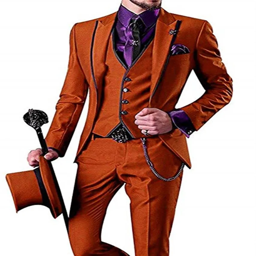 Fashionabla One Button Orange Groom Tuxedos Peak Lapel Men Wedding Party Groomsmen 3 Pieces Suit Jacket Pants Vest Tie K232250D