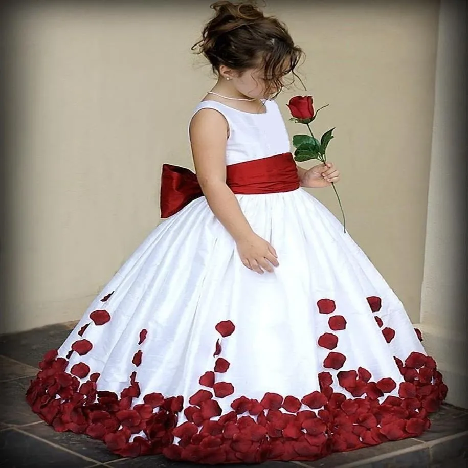 Flower Girl Dress с красным и белым луком узел розовый бальный платье с шариком