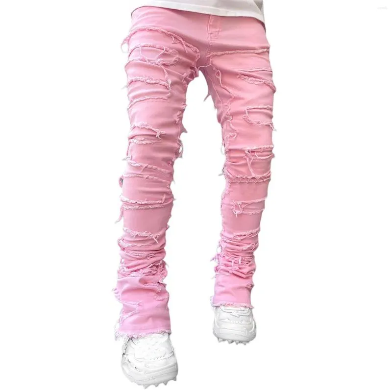 Jeans pour hommes ajustement régulier empilé patch en détresse détruite pantalon en denim droit de streetwear vêtements décontractés jean 0eba