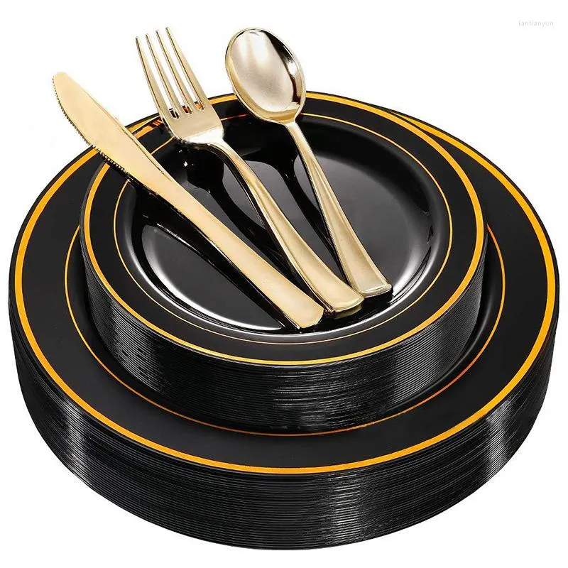 Disposable Dinnerware Black Gold Plastic Plate Is Suitable For Birthday Party Outdoor Dinner And Western