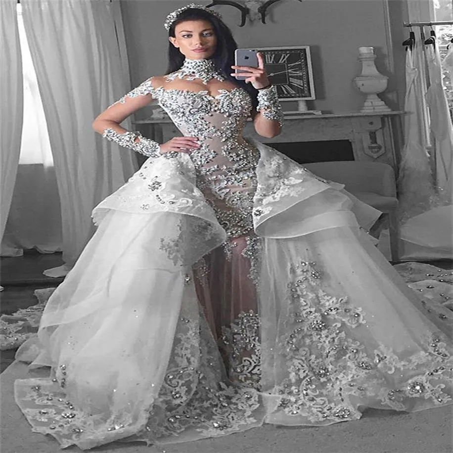 Glamorous Long Sleeves rhinestone mermaid Wedding Dresses with Detachable train Dubai High Neck Bride Dresses Overskirt tiered bri272G