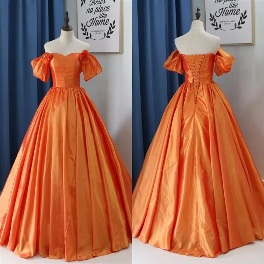 Vintage Laranja Cinderela Vestidos de Baile Vestido de Baile Fora do Ombro Julieta Manga Curta Flores Feitas à Mão Drapeado Ocasião Especial Dr227B