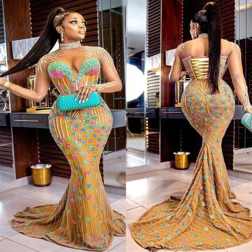 2021 Plus Size Arabic Aso Ebi Gold Luxurious Mermaid Prom Dresses High Neck Lace Pärled Evening Formal Party Second Reception Gown3284