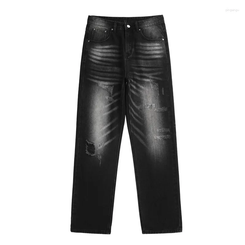 Jeans Masculino Spring High Street Distressed Hole Straight Men Baggy Kroean Loose Denim Cargo Pants Pantalones Hombre Black Blue Trousers