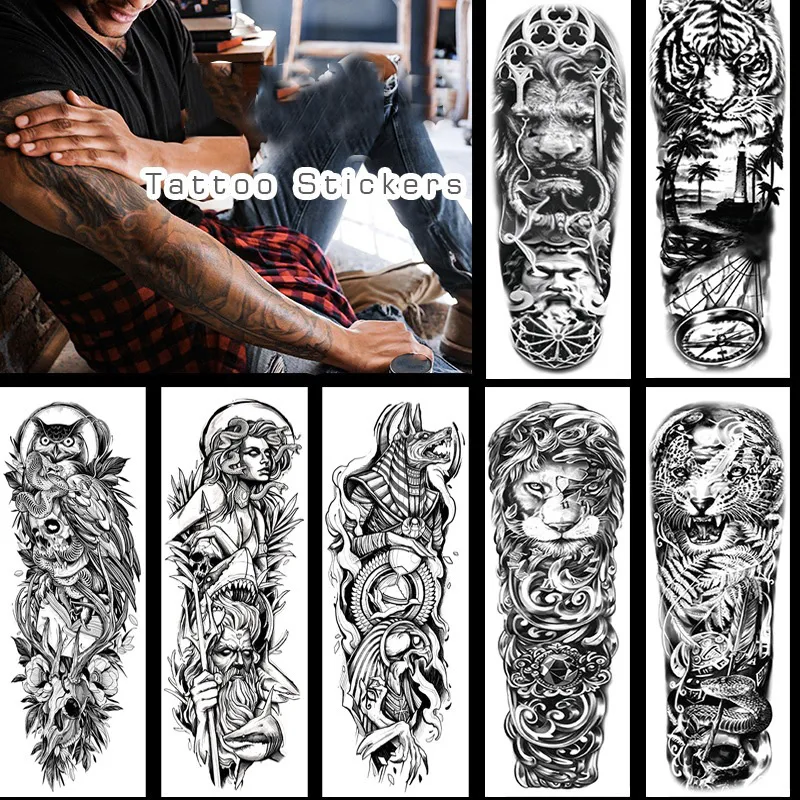 Waterproof Temporary Tattoo Sticker Anubis Ancient Egyptian Dogs Roman Clock Full Arm Cover Flash Tattoo Sleeve Men Women Men