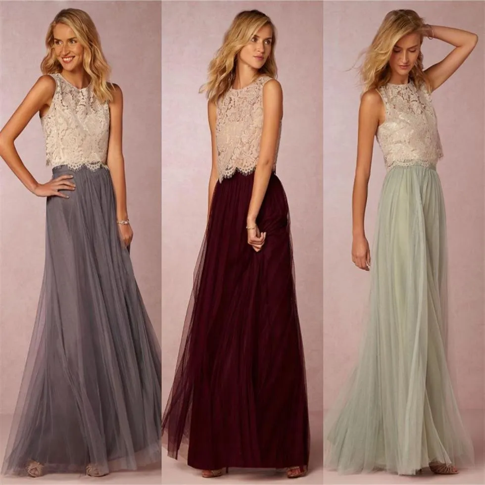 2020 Vintage Two Pieces Tulle Bridesmaid Dresses Lace Crop Top Ruched Floor Length Blush Mint Grey Burgundy Prom Party Gowns Custo203B