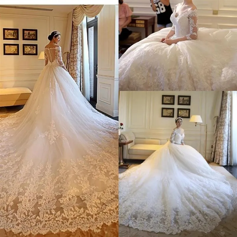 Luxury Lace Cathedral Train Ball Gown Wedding Dresses with Sleeves 2018 Modest Kaftan Dubai Arabic Off Shoulder Princess Wedding G252y