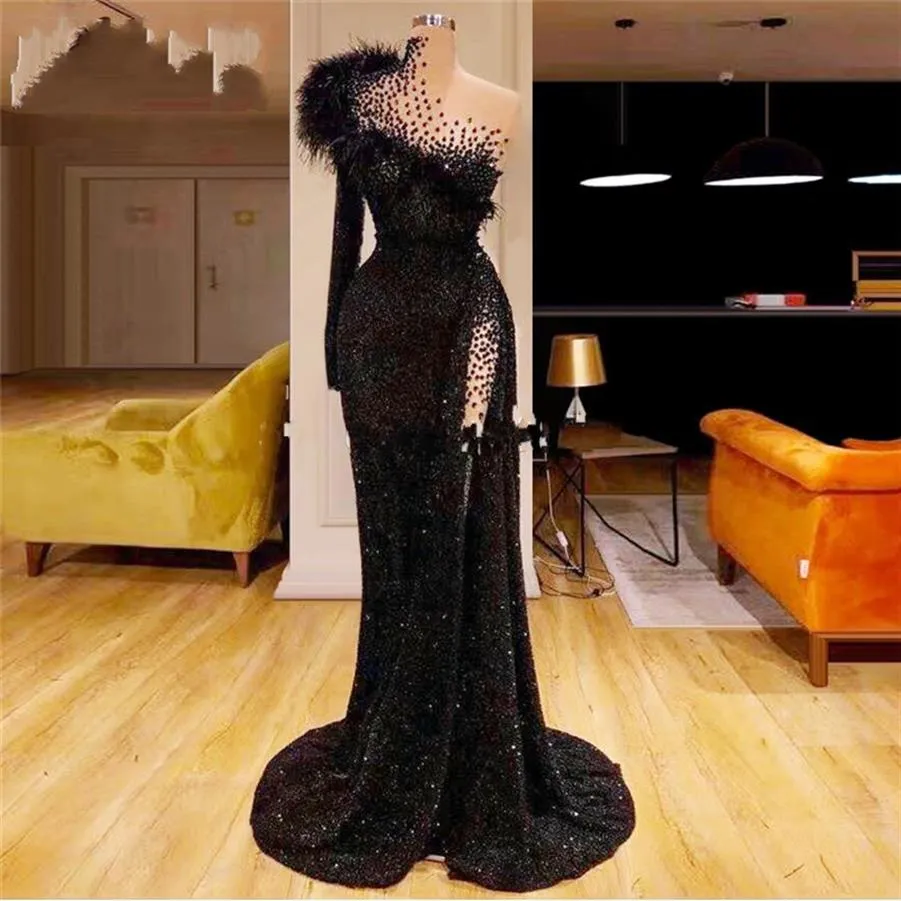 Black One Shoulder Glitter Party Dresses Feather Long sleeves Prom Dresses 2020 New Arrival Saudi Arabic Formal Kaftans Evening Go252V