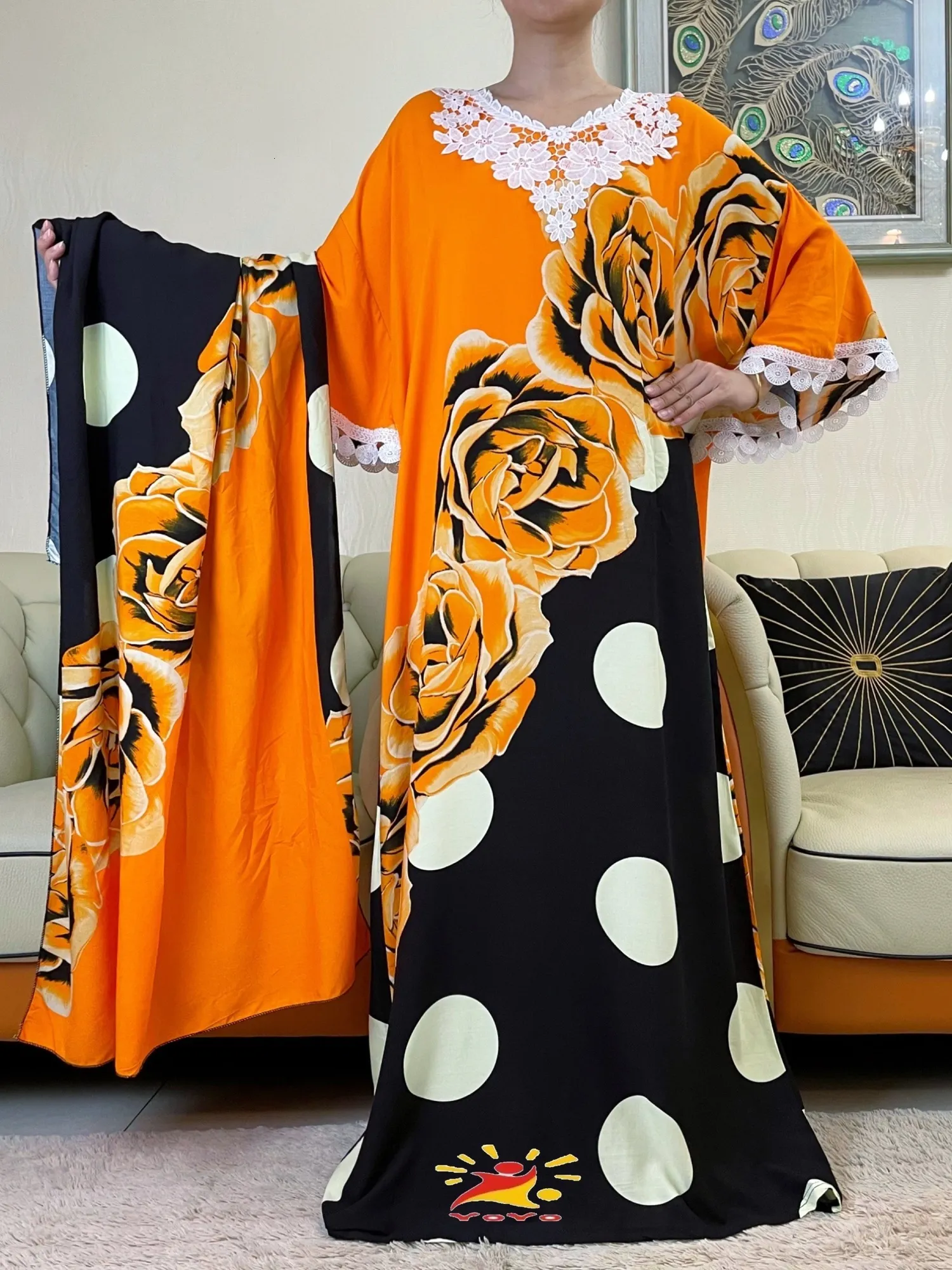 Ubrania etniczne Kobiety Sukienki z koronkami Letnie nietoperze z koronkami drukowane kwiatowe z dużym szalikiem luźne bubou maxi islam bawełniany afrykańskie ubrania ABAYA 230721