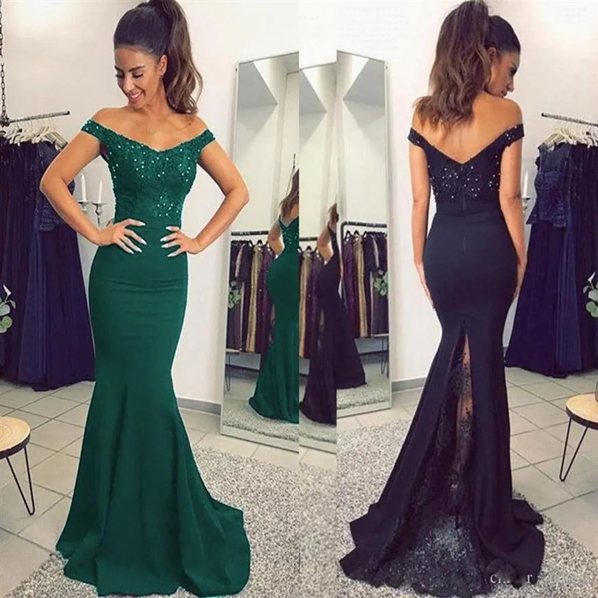 2022 Navy Emerald Wedding Dresses For Guests Bridesmaid Dress Pärlade spetsar från axel sjöjungfrun Evening Prom Dress Maid of Hono204i