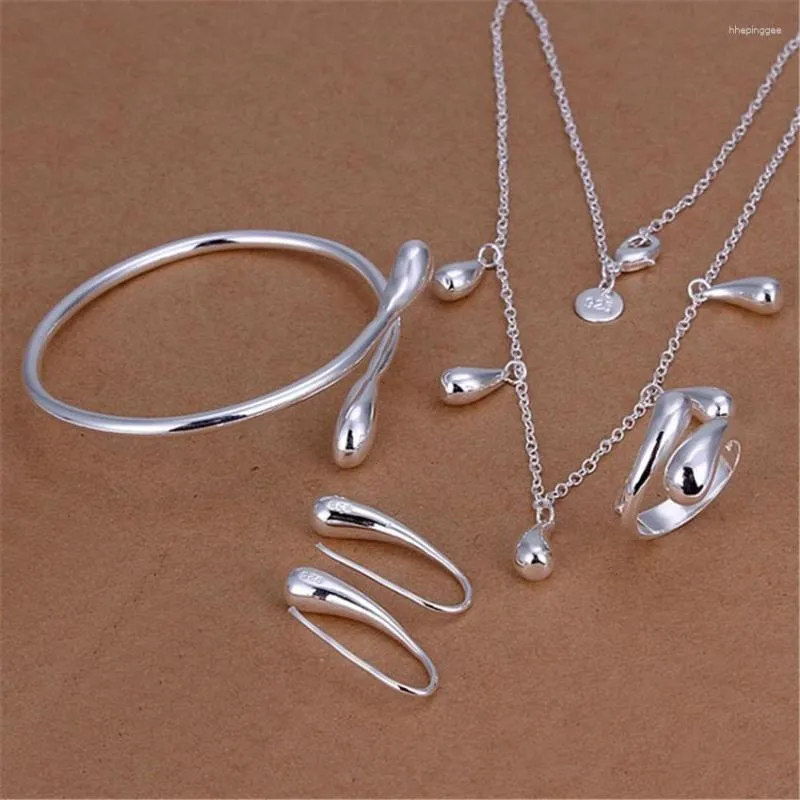 Necklace Earrings Set 925 Stamp Silver Color Water Droplets Cuff Bangles Bracelet Ring Jewelry For Women Fashion Party Gift