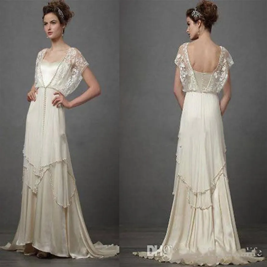 Robes de mariée vintage des années 1920 avec manches Catherine Deane Lita Modeste Fée Dentelle Col en V Pleine Longueur Plus La Taille Robes De Mariée robes 229m