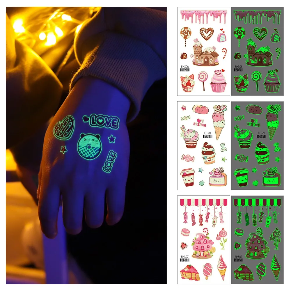 12 soorten lichtgevende tijdelijke tatoeages voor kinderen waterdichte gloed snoep ijs kasteel nep tatoeages stickers kinderen partij make-up