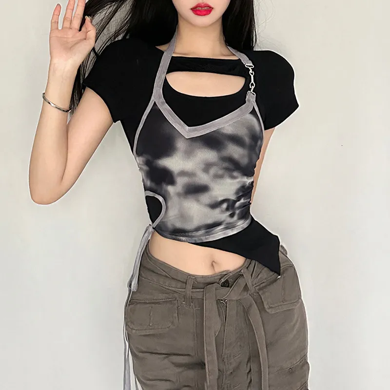 Dames T-shirt Y2k Vintage esthetische onregelmatige nep tweedelige halter dames zomer Koreaanse mode crop tops Fairycore grunge uitgeholde T-shirts 230721