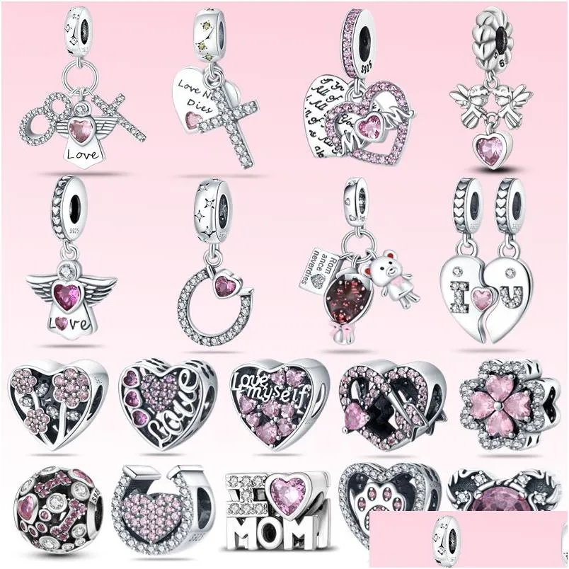 Liga Pandora Original S925 Sterling Sier Asas de Anjo Rosa Love Heart Charm Beads Adequado para Pulseira Faça Você Mesmo Moda Jóias Gota Deli Dh5Rx