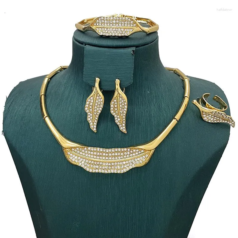 Halsband örhängen set italienska för kvinnor smycken 18k guld färg blad form eleganta halsband brud bröllop festtillbehör gåva