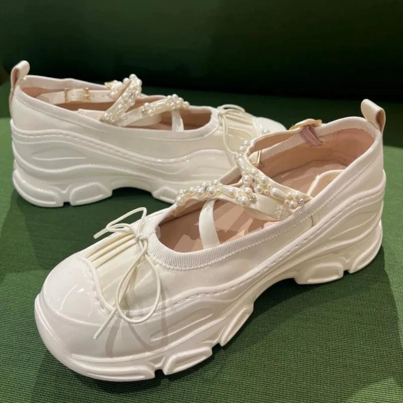 Sapatos sociais com miçangas tiras cruzadas arco bailarina sandalias mujer mary jane sapatos patchwork pérola sapatos femininos salto grosso tênis raso 230721