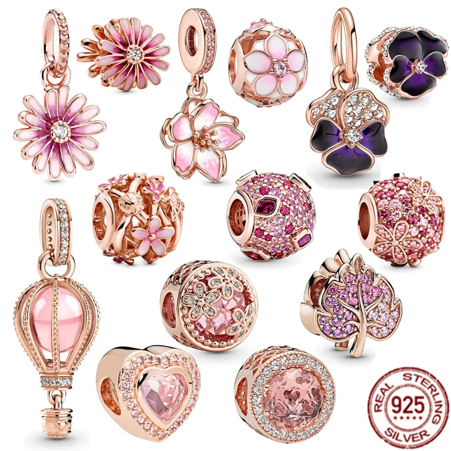 925 Gümüş Fit Pandora Charmpink Orijinal Pembe Papatyalar ve Kiraz Çiçekleri Moda Takıları Set Kolye Diy İnce Boncuk Takıları, Kadınlar İçin Özel Bir Hediye