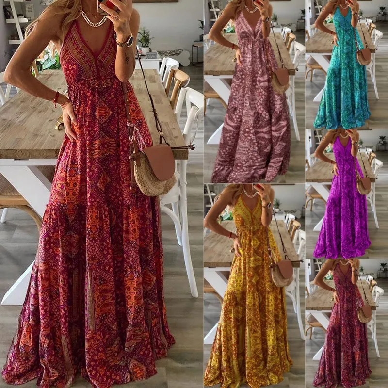 2023 Style bohème nouvelle jupe licou taille haute col en v imprimé robe florale robe pour femmes