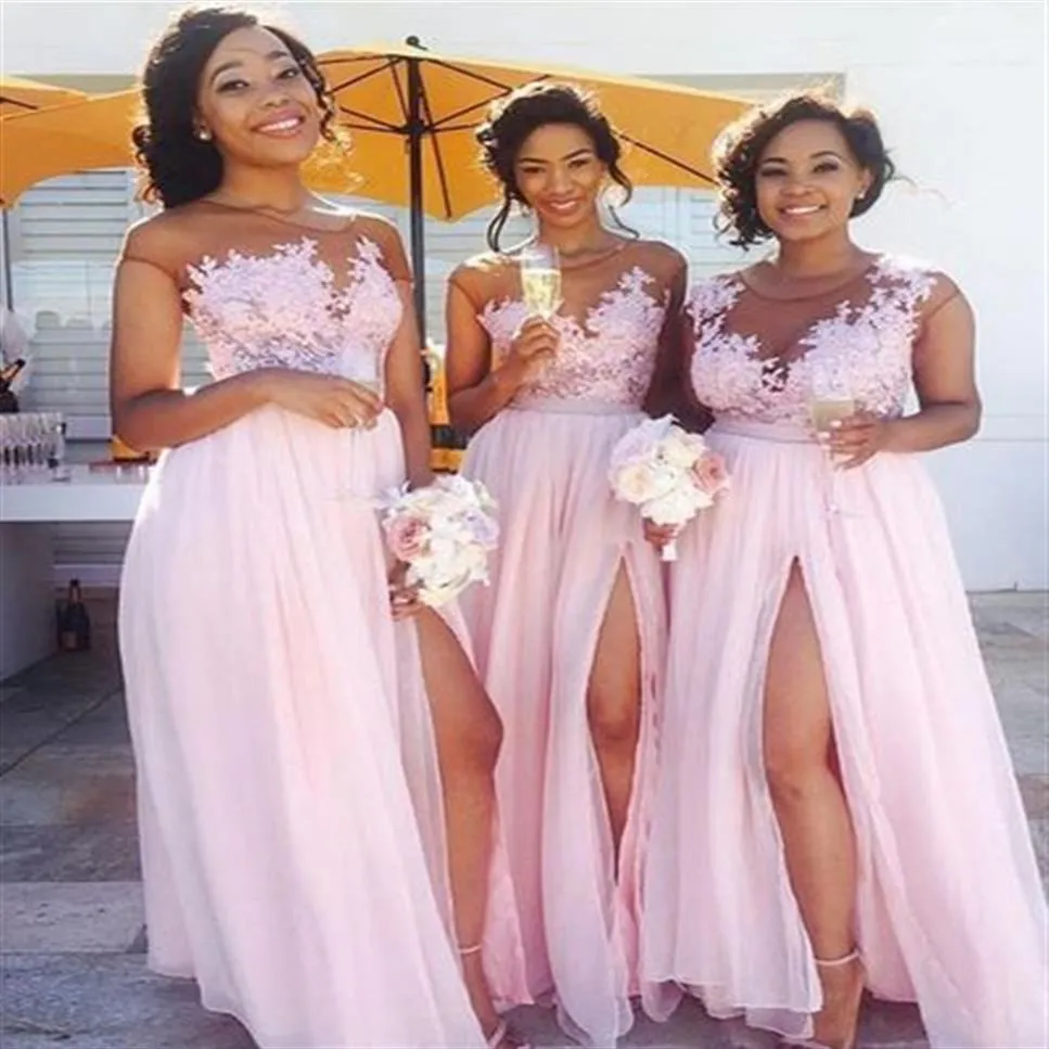 2017 Blush Pink Lace Appliqued Bridesmaid Dresses Chiffon Floor Length High Slits Maid Of Honor Prom Gowns Wedding Party Dress BM0253i