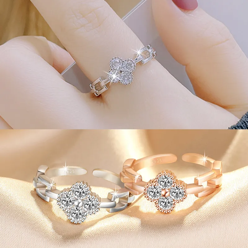 Süßes Diamant-Set, modisch, vierblättriges Kleeblatt, Designer-Damen-Zirkon-Kristall, offener Ring aus Roségold, Party-Schmuck, Geschenk, Mädchenhandbekleidung