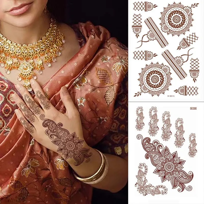 Tatuajes Temporales de Henna marrón para mujer, pegatina de Henna para mano, Tatuaje falso, tatuaje de protección corporal para mujer, diseño marroquí Dulhan