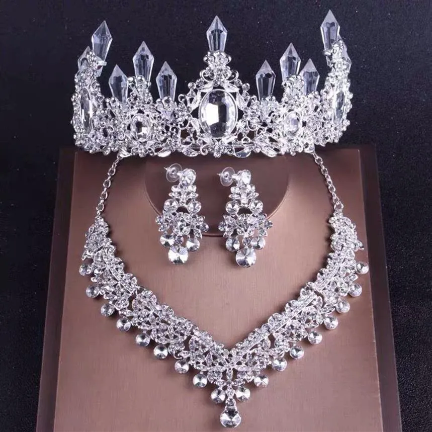 Corona Collana Set di orecchini Copricapo da sposa da sposa Cristallo bianco Pilastro Strass Accessori moda donna Festa abbinata Pro321I