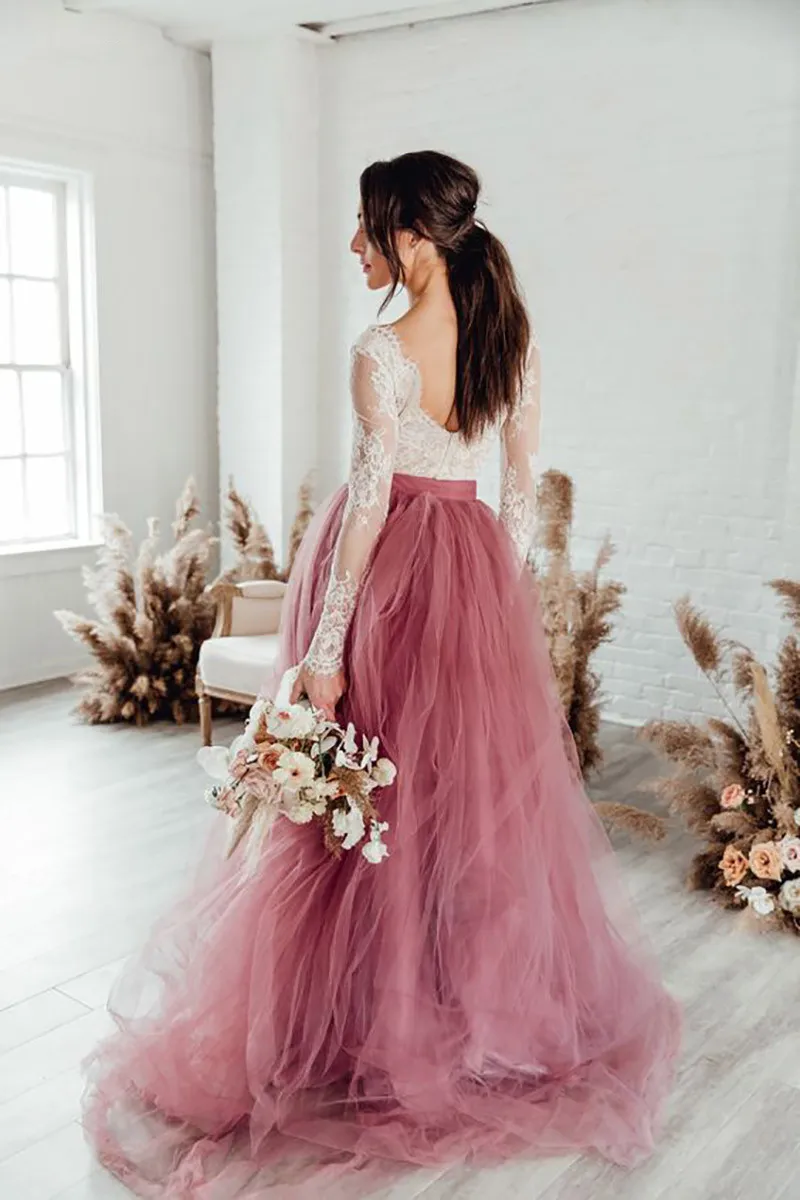 2023 Boho bröllopsklänningar en linje dammig rosa elegant spetstrand brudklänningar tåg elegant bröllop boho brudklänningar
