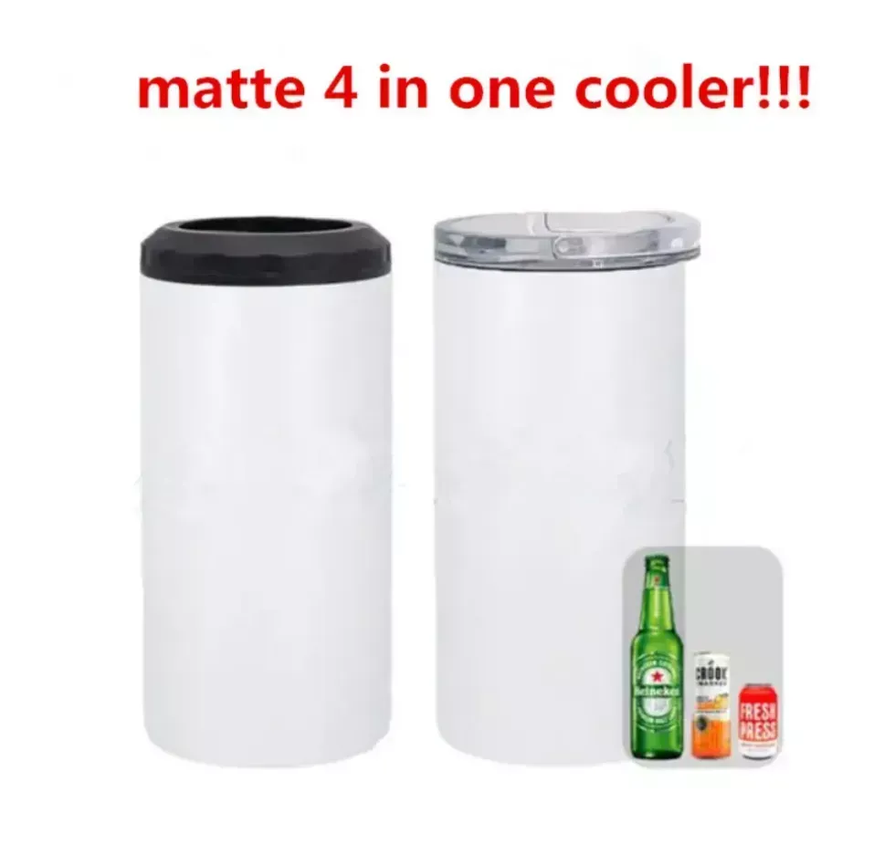 Sublimation Matte 4 In 1 Cooler Tumbler with 2 Lids 16oz Blank Can Cooler White Stainless Steel Straight Tumblers FY5147