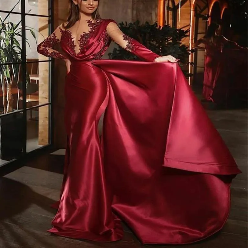 Élégant Rouge Satin Sirène Robes De Soirée Overskirt Applique Sexy Sheer Manches Longues Ruché Piste Robe De Bal Formelle Party Gowns304n