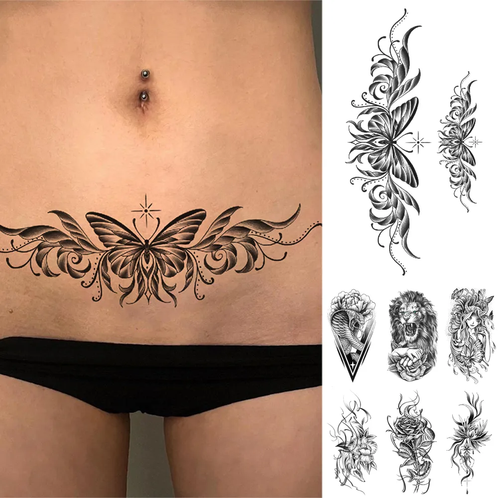 Long Lasting Butterfly Wolf Totem Black Waterproof Temporary Tattoo Body Art Arm Sticker for Women Men and Girl