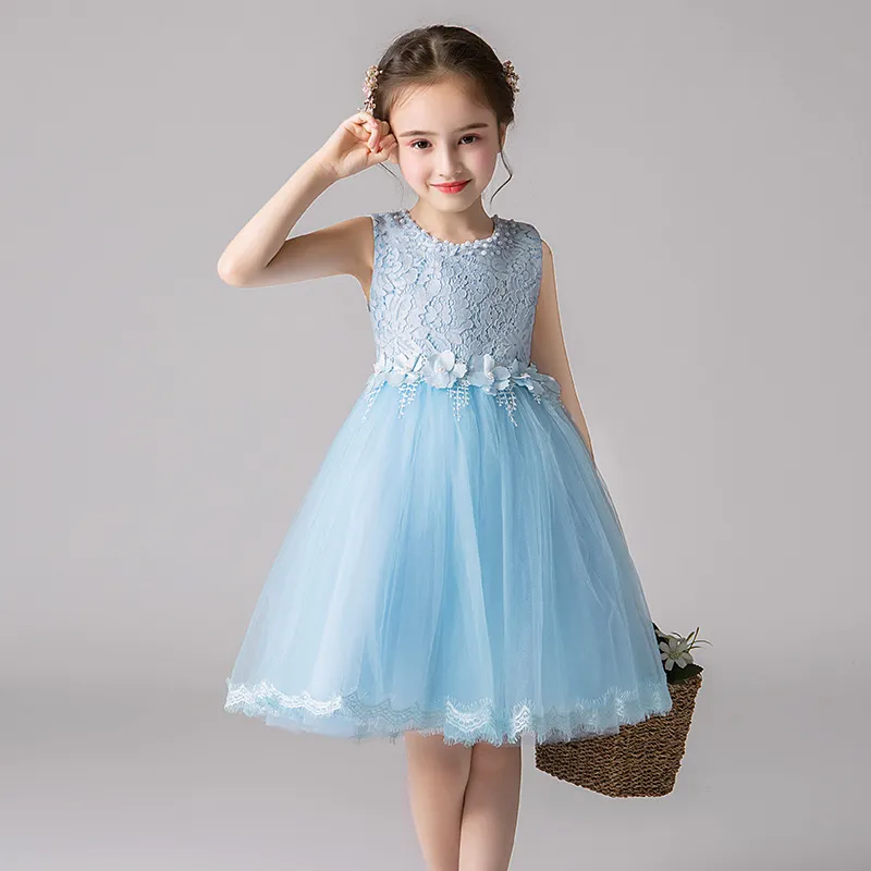 Elegant Summer Mesh Sky Blue Little Girls Ball Gowns Princess Kids Junior Bridesmaid Dresses Evening Prom Party Vest Sundress