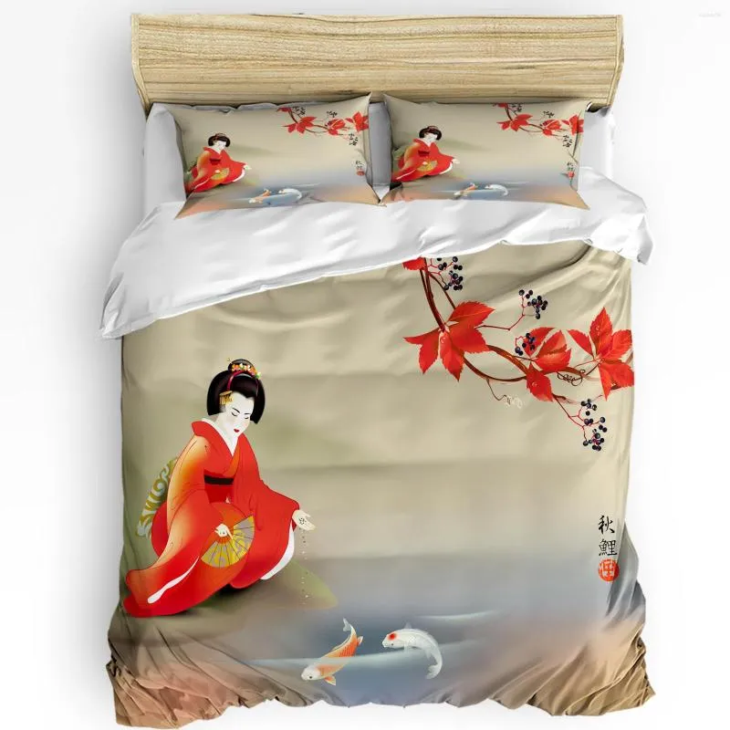 Juegos de cama Geisha japonesa Carp 3pcs Set para dormitorio Cama doble Textiles para el hogar Funda nórdica Edredón Funda de almohada