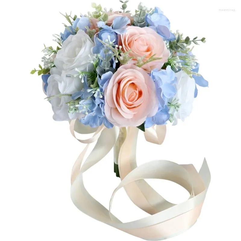 Dekorativa blommor bröllop konstgjorda blå rosa blommor bukett simulering ornament dekoration för
