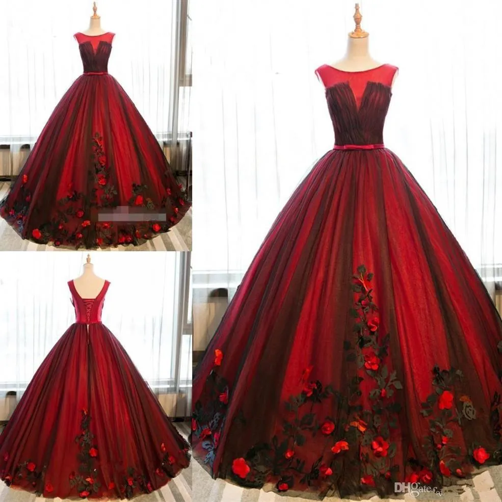 Abito da ballo nero e rosso Abiti Quinceanera Tulle Sweet 16 Abiti da sera con fiori 3D con lacci Abiti per occasioni speciali258R