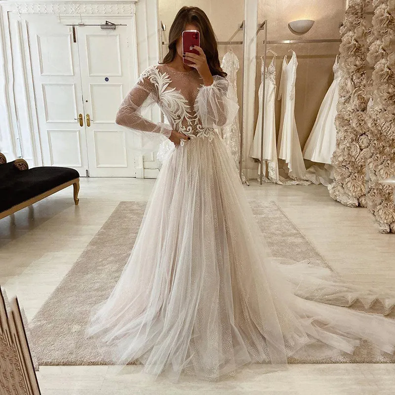 Spetsbröllopsklänningar 2023 Long Puff Sleeve Applicants En linje Brudklänning Princess Wedding Gown Long Puff Sleeve Robe de Mariee